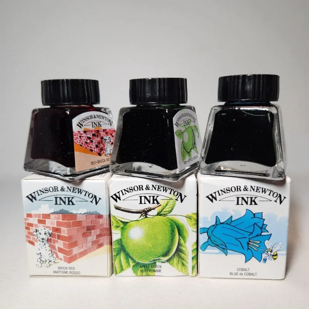 3X Winsor & Newton Drawing Ink 14ml Bottle Blue Red Green Shimmer NEW Art Suppli